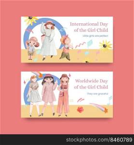Twitter template with International Day of the Girl Child concept,watercolor style 