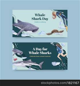 Twitter template with international whale shark day concept,watercolor style
