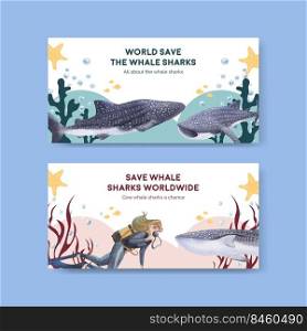 Twitter template with international whale shark day concept,watercolor style 