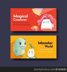 Twitter template with monster concept design watercolor illustration 