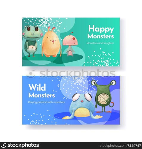 Twitter template with monster concept design watercolor illustration 