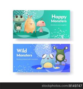 Twitter template with monster concept design watercolor illustration 