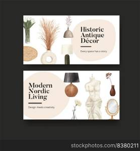 Twitter template with nordic antique home concept,watercolor style