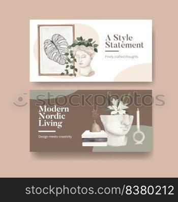 Twitter template with nordic antique home concept,watercolor style  