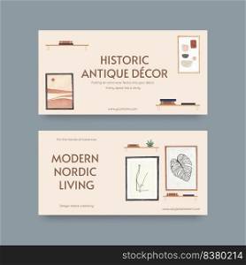 Twitter template with nordic antique home concept,watercolor style  