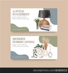 Twitter template with nordic antique home concept,watercolor style

