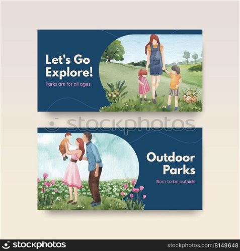 Twitter template with park and family concept design for social media watercolor illustration 