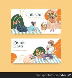 Twitter template with picnic travel concept design for social media and community watercolor illustration 