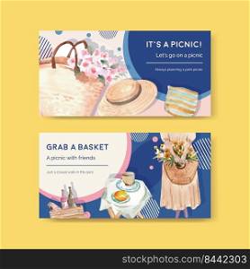Twitter template with picnic travel concept design for social media and community watercolor illustration
