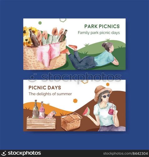 Twitter template with picnic travel concept design for social media and community watercolor illustration 
