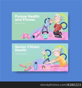 Twitter template with senior health fitness concept,watercolor style  