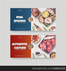 Twitter template with Spain cuisine concept design for social media watercolor illustration 