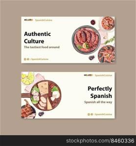 Twitter template with Spain cuisine concept design for social media watercolor illustration 