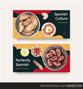 Twitter template with Spain cuisine concept design for social media watercolor illustration
