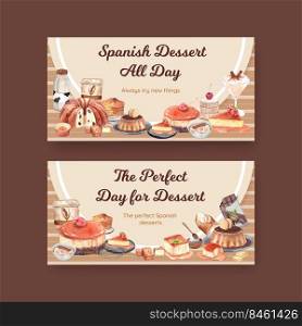Twitter template with Spain dessert concept,watercolor style 