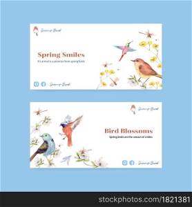 Twitter template with spring and bird concept design for social media and community watercolor illustration
