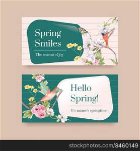 Twitter template with spring and bird concept design for social media and community watercolor illustration 