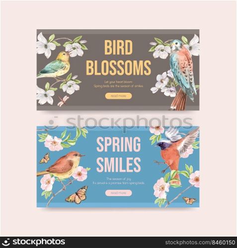 Twitter template with spring and bird concept design for social media and community watercolor illustration

