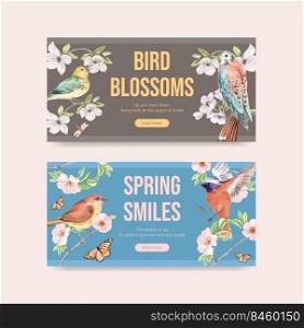 Twitter template with spring and bird concept design for social media and community watercolor illustration
