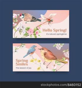 Twitter template with spring and bird concept design for social media and community watercolor illustration 