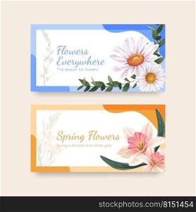 Twitter template with spring flower concept,watercolor style 