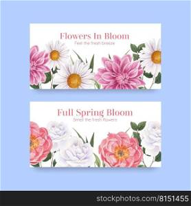 Twitter template with spring flower concept,watercolor style 