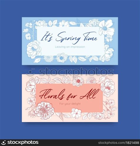 Twitter template with spring line art concept design watercolor illustration