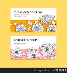 Twitter template with spring line art concept design watercolor illustration