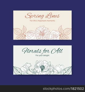 Twitter template with spring line art concept design watercolor illustration