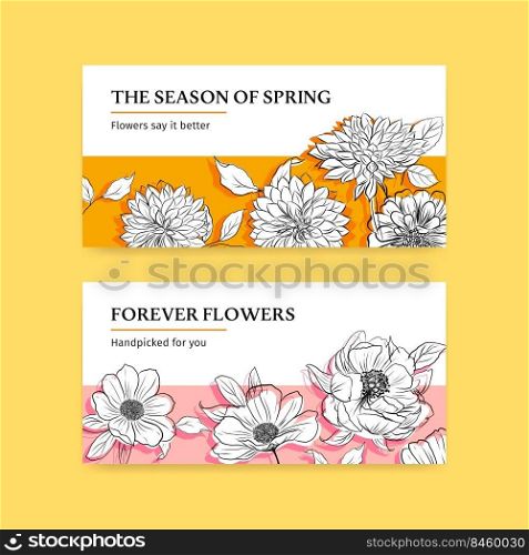 Twitter template with spring line art concept design watercolor illustration 