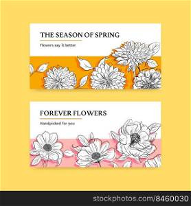 Twitter template with spring line art concept design watercolor illustration 