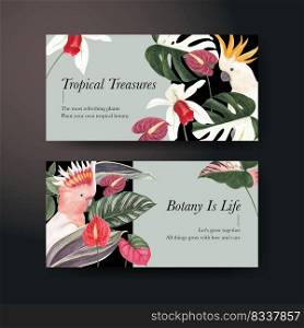 Twitter template with tropical botany concept, watercolor style 