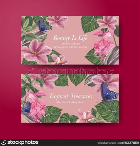 Twitter template with tropical botany concept, watercolor style
