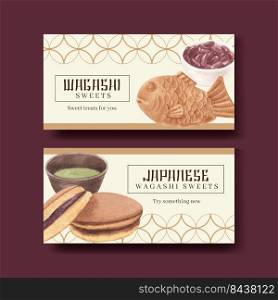 Twitter template with wagashi Japanese dessert concept,watercolor style 