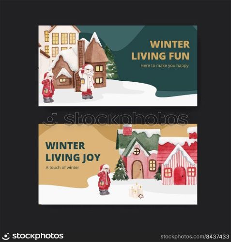 Twitter template with winter living concept,watercolor style