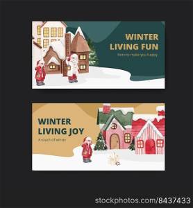 Twitter template with winter living concept,watercolor style