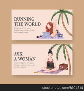 Twitter template with working woman traveler concept,watercolor style  