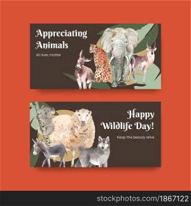 Twitter template with world animal day concept,watercolor style