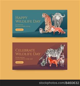 Twitter template with world animal day concept,watercolor style 