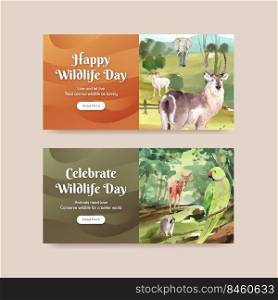 Twitter template with world animal day concept,watercolor style 