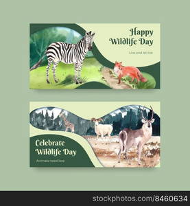 Twitter template with world animal day concept,watercolor style 