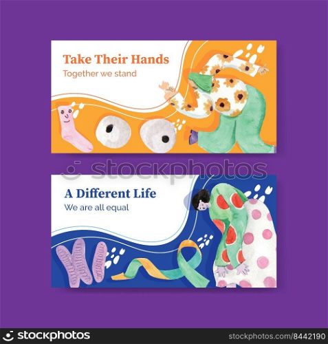 Twitter template with world down syndrome day concept design for social media and community watercolor illustration 