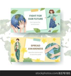Twitter template with World Environment Day concept,watercolor style 