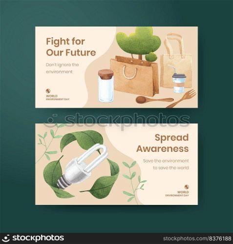 Twitter template with World Environment Day concept,watercolor style 