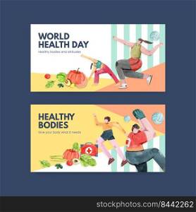 Twitter template with world health day concept design for social media watercolor illustration 