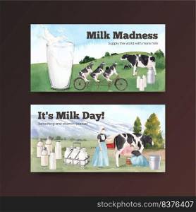 Twitter template with world milk day concept,watercolor style 
