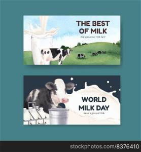 Twitter template with world milk day concept,watercolor style 