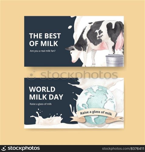 Twitter template with world milk day concept,watercolor style

