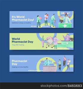 Twitter template with world pharmacists day concept,watercolor style 
