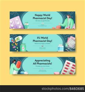 Twitter template with world pharmacists day concept,watercolor style 